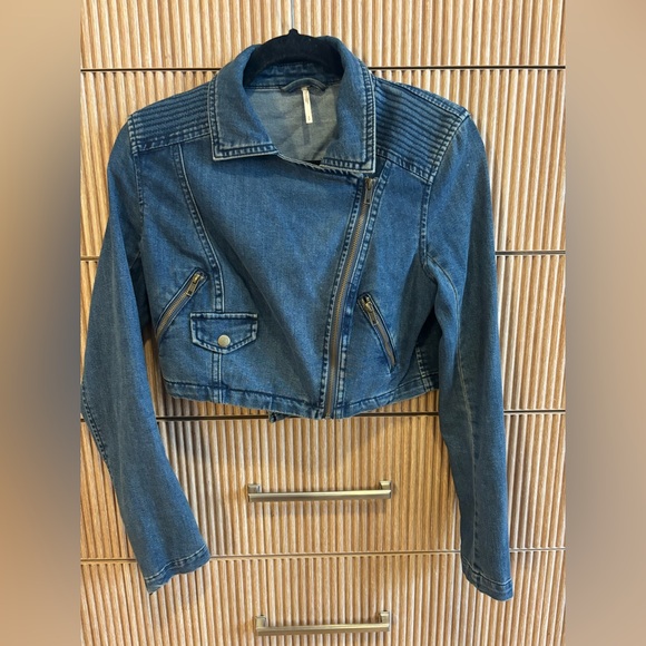 Free People Cropped Denim Moto Style Jacket - Picture 1 of 5